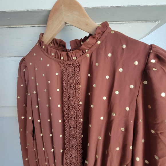 NWT SWEET WANDERER  Brown and Gold Polka Bohemian Dress - Picture 14 of 14